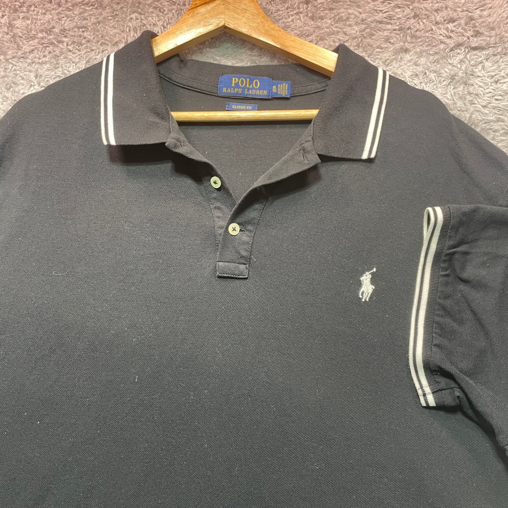 Polo Ralph Lauren Mens XL Classic Fit Black Tipped Pique Polo Shirt White Pony